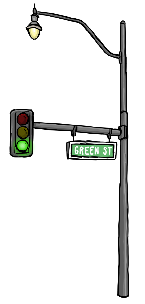 drawing of a Green Street sign with lightpost